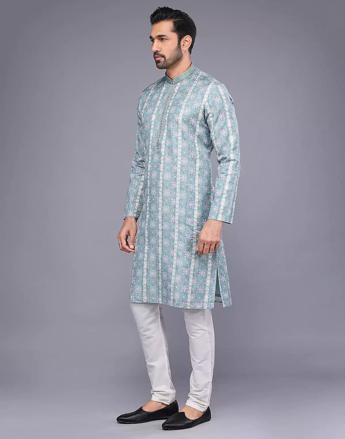 All Over Floral Print Sea Green Soft Silk Kurta Pyjama Set - South India Shopping Mall
