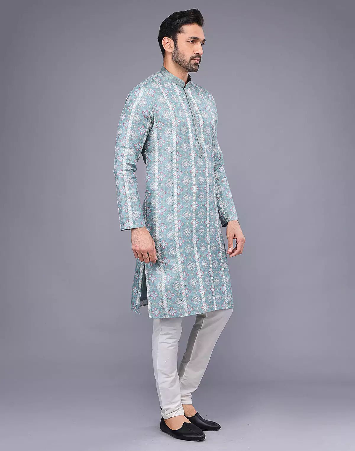 Image of All Over Floral Print Sea Green Soft Silk Kurta Pyjama Set - South India Shopping Mall