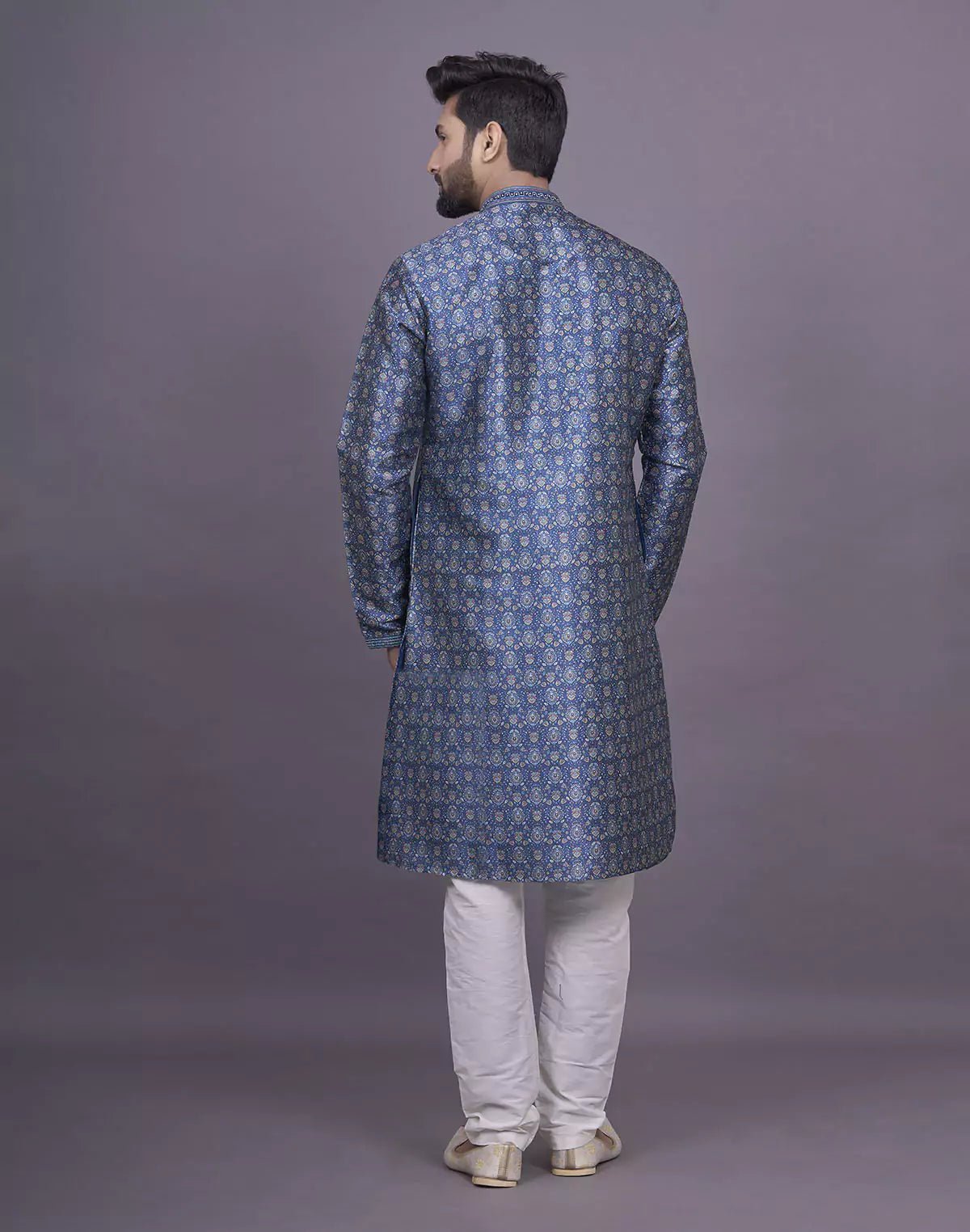 Image of All Over Floral Printed Raw Silk Blue Kurta Pyjama Set - South India Shopping Mall