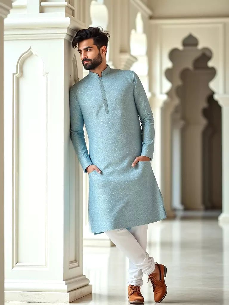 Image of All Over Floral Self Design Jacquard Kurta Pyjama Set in Pista - South India Shopping Mall