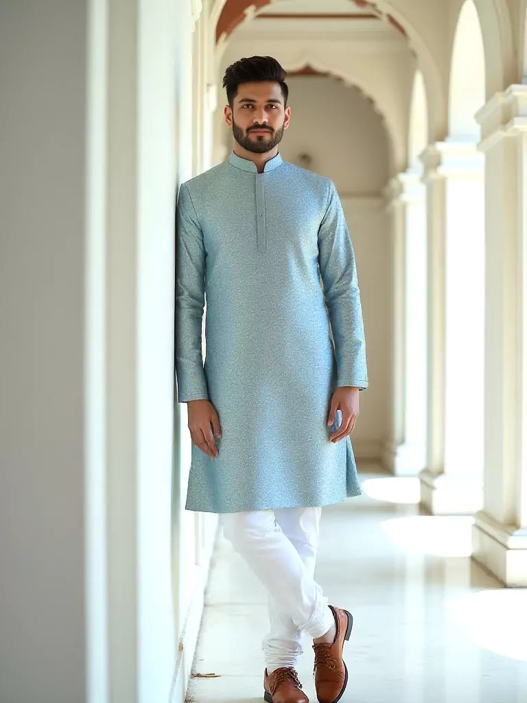 Image of All Over Floral Self Design Jacquard Kurta Pyjama Set in Pista - South India Shopping Mall