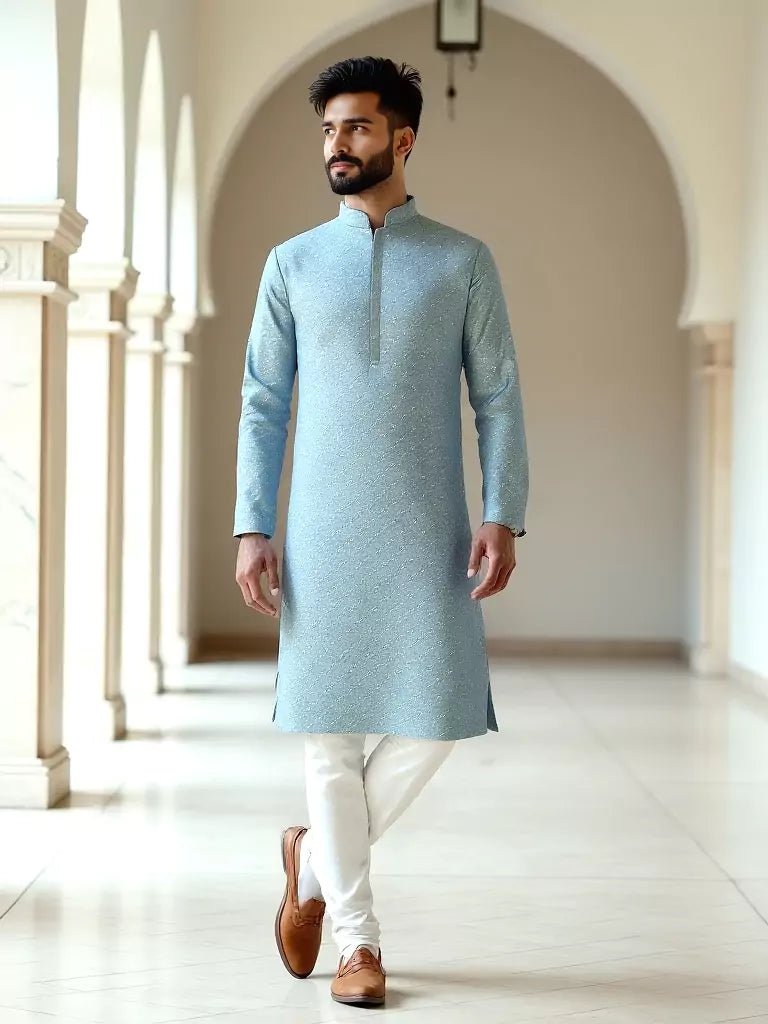 Image of All Over Floral Self Design Jacquard Kurta Pyjama Set in Pista - South India Shopping Mall