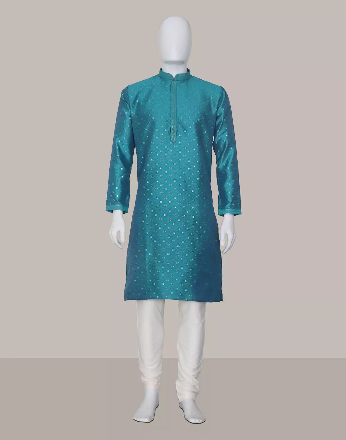 Image of All Over Floral Self Design Jacquard Kurta Pyjama Set in Rama - South India Shopping Mall