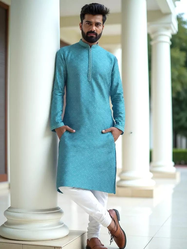 Image of All Over Floral Self Design Jacquard Kurta Pyjama Set in Rama - South India Shopping Mall