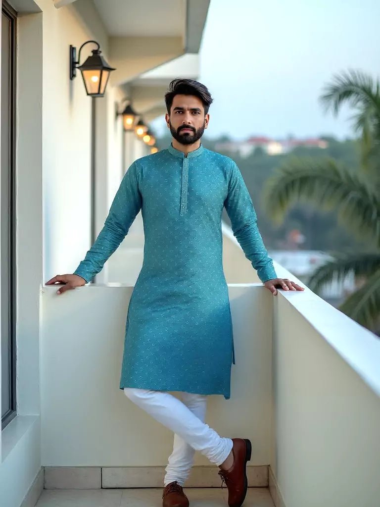 Image of All Over Floral Self Design Jacquard Kurta Pyjama Set in Rama - South India Shopping Mall