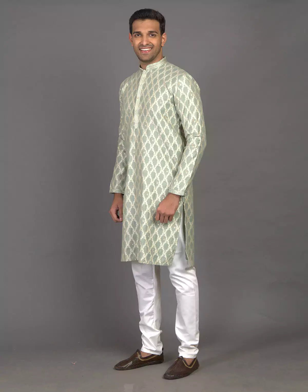 Image of All Over Floral Weaving work Elegant Green Kurta Pyjama Set - South India Shopping Mall