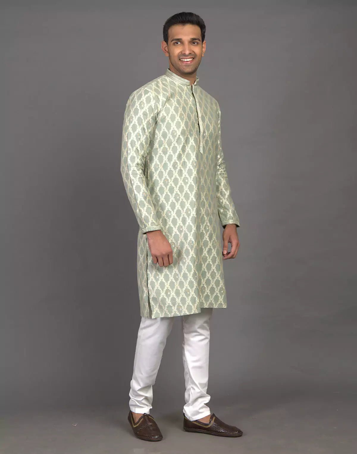 Image of All Over Floral Weaving work Elegant Green Kurta Pyjama Set - South India Shopping Mall