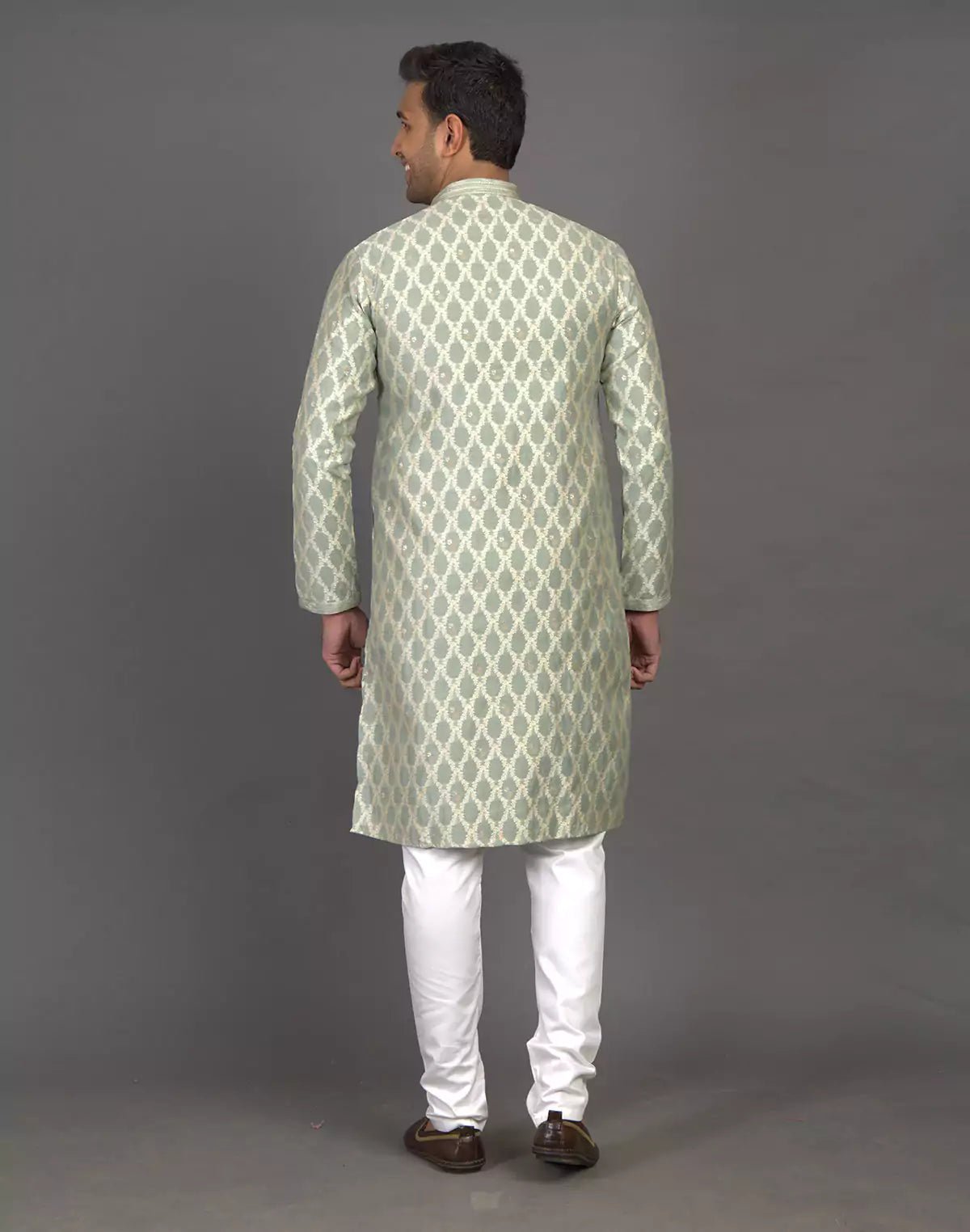 Image of All Over Floral Weaving work Elegant Green Kurta Pyjama Set - South India Shopping Mall