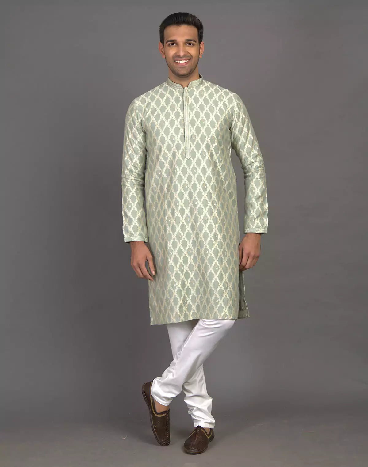 Image of All Over Floral Weaving work Elegant Green Kurta Pyjama Set - South India Shopping Mall