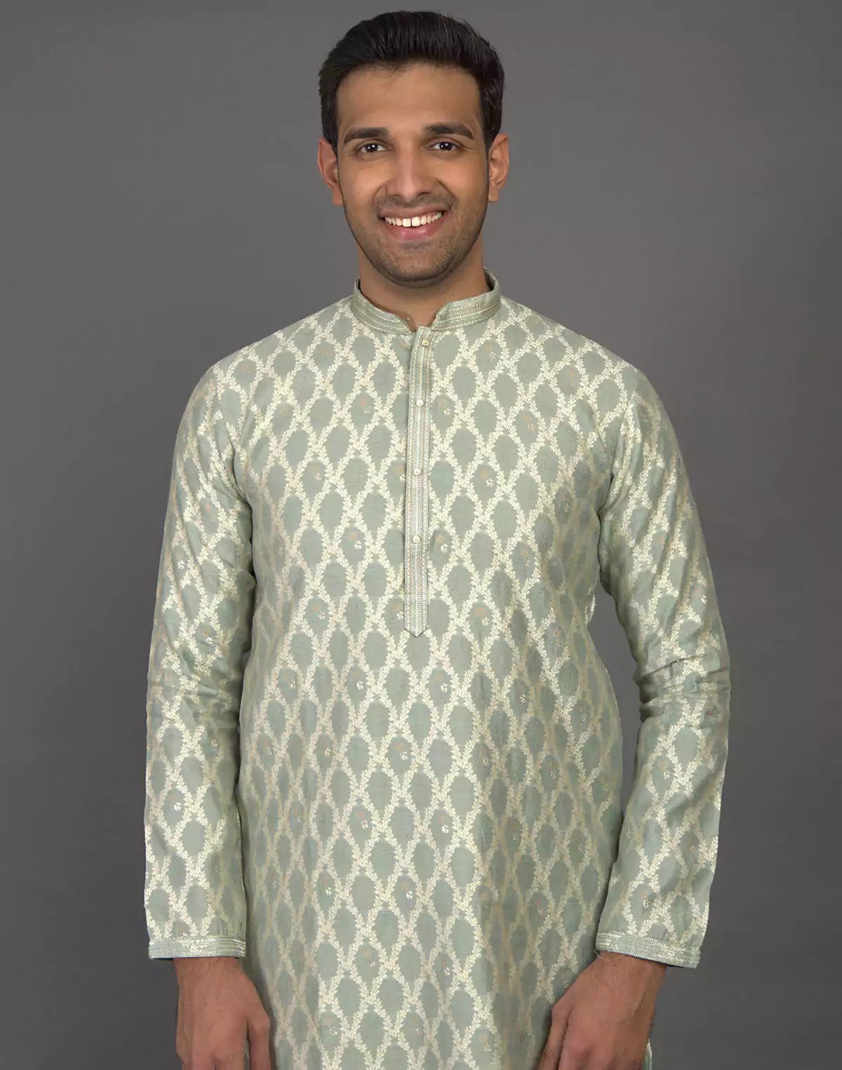 Image of All Over Floral Weaving work Elegant Green Kurta Pyjama Set - South India Shopping Mall