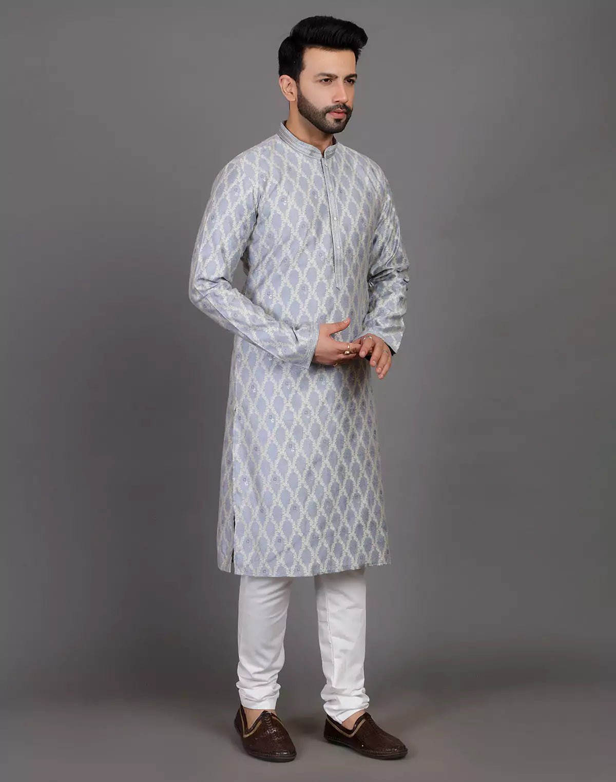 Image of All Over Floral Weaving Work Grey Elegant Kurta Pyjama Set - South India Shopping Mall