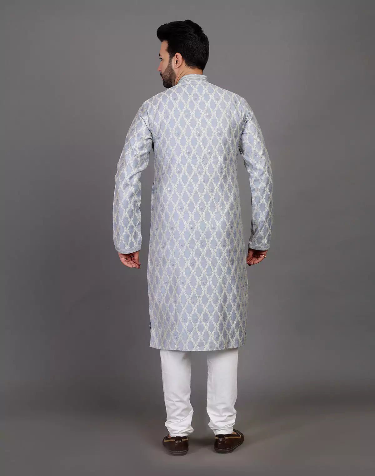 Image of All Over Floral Weaving Work Grey Elegant Kurta Pyjama Set - South India Shopping Mall