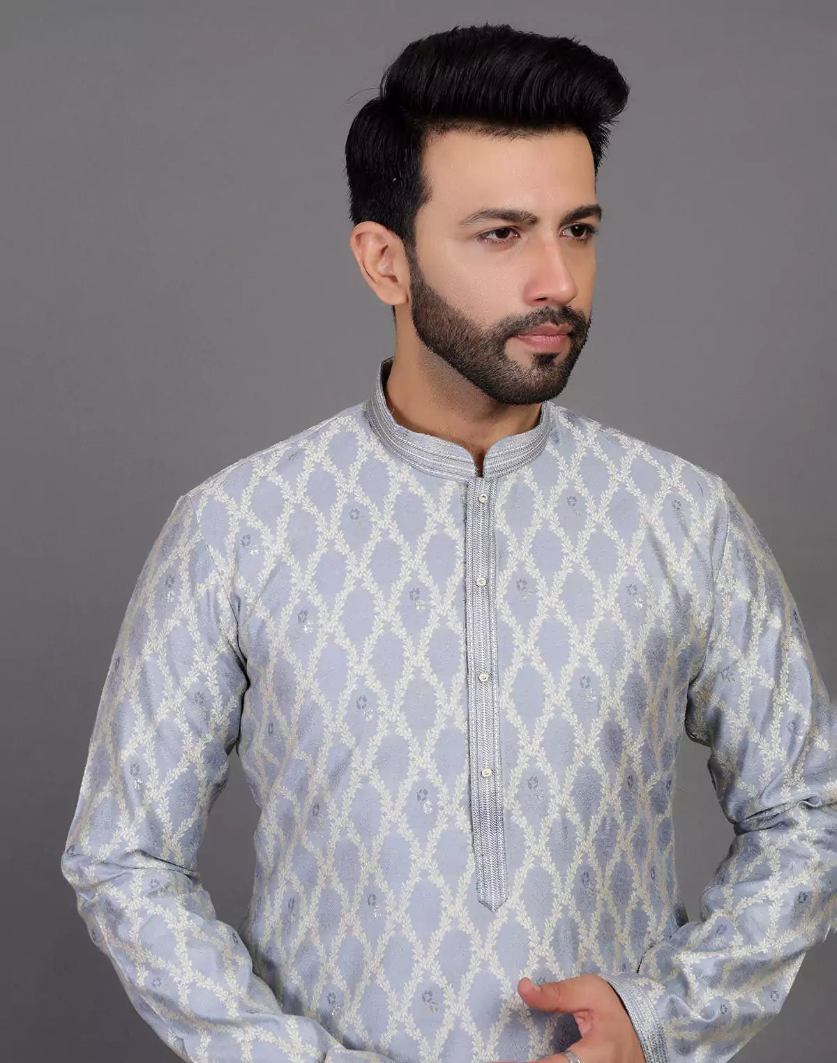 Image of All Over Floral Weaving Work Grey Elegant Kurta Pyjama Set - South India Shopping Mall