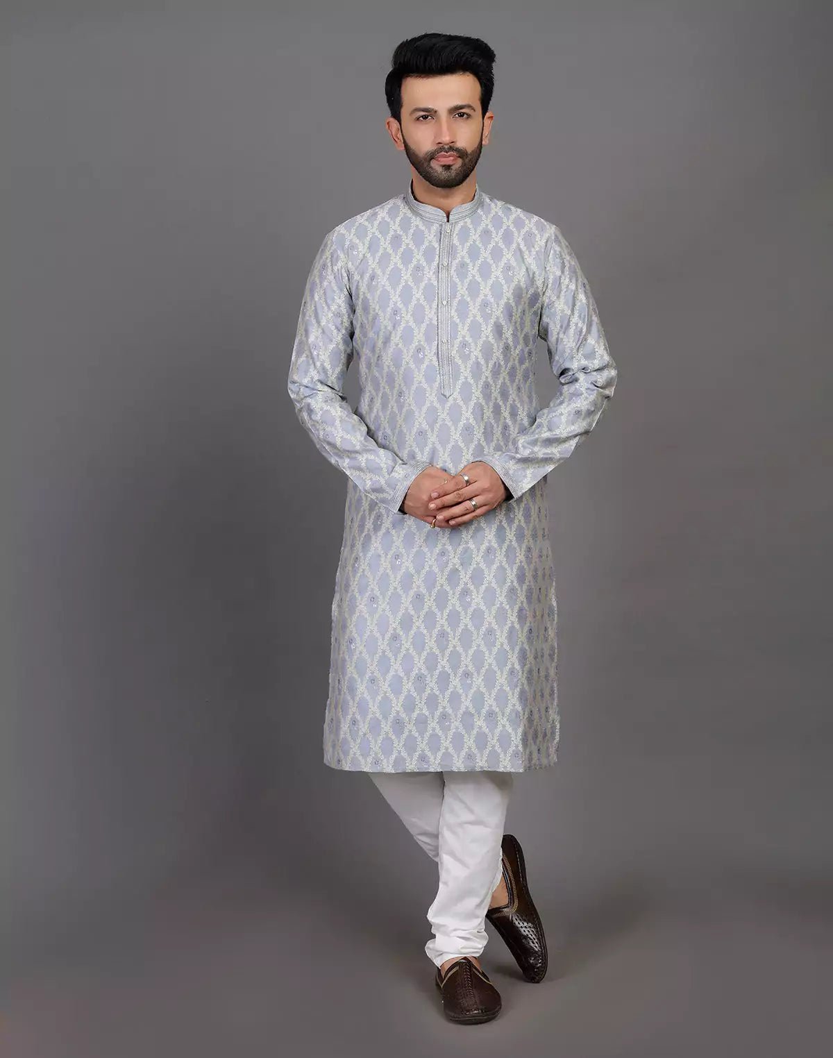 Image of All Over Floral Weaving Work Grey Elegant Kurta Pyjama Set - South India Shopping Mall