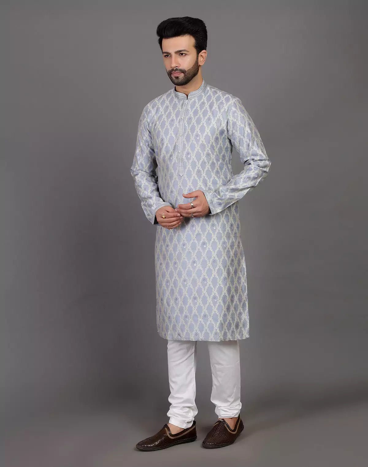 Image of All Over Floral Weaving Work Grey Elegant Kurta Pyjama Set - South India Shopping Mall