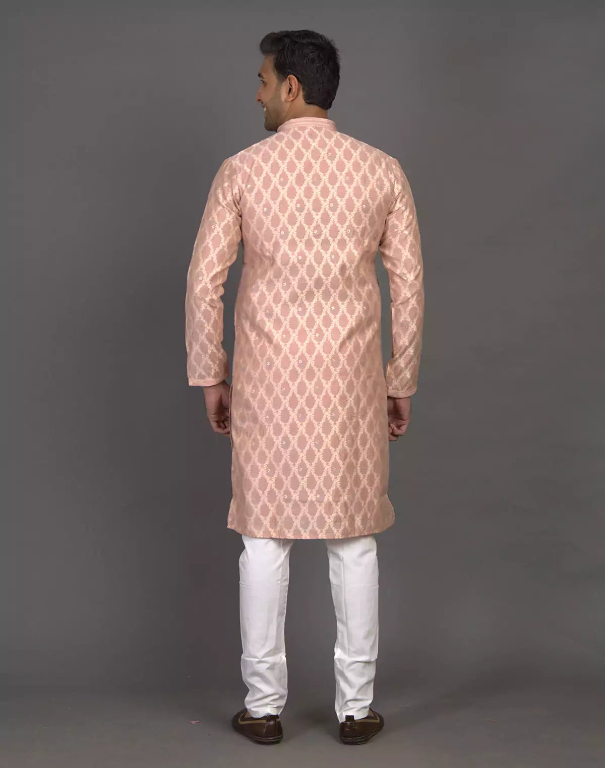 Image of All Over Floral Weaving work Peach Kurta Pyjama Set - South India Shopping Mall