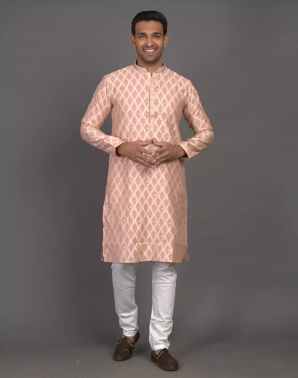 Image of All Over Floral Weaving work Peach Kurta Pyjama Set - South India Shopping Mall