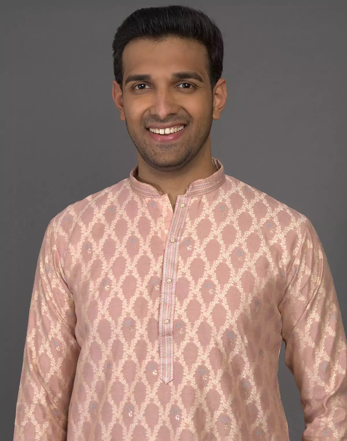 Image of All Over Floral Weaving work Peach Kurta Pyjama Set - South India Shopping Mall