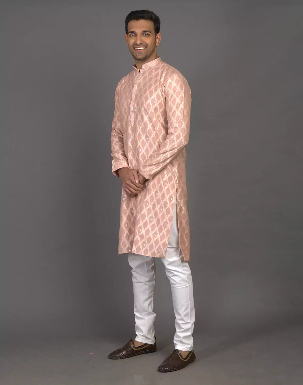 Image of All Over Floral Weaving work Peach Kurta Pyjama Set - South India Shopping Mall