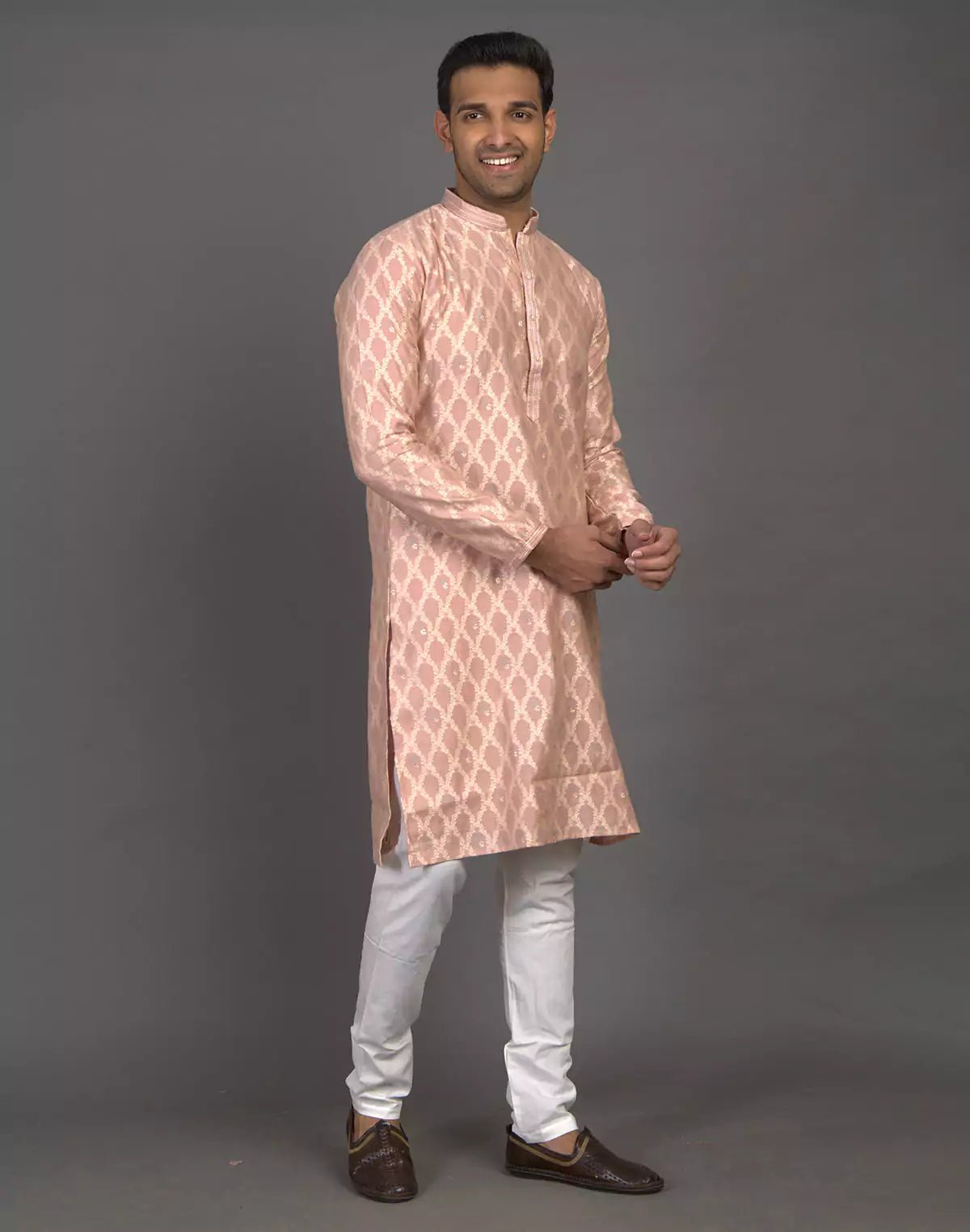 Image of All Over Floral Weaving work Peach Kurta Pyjama Set - South India Shopping Mall