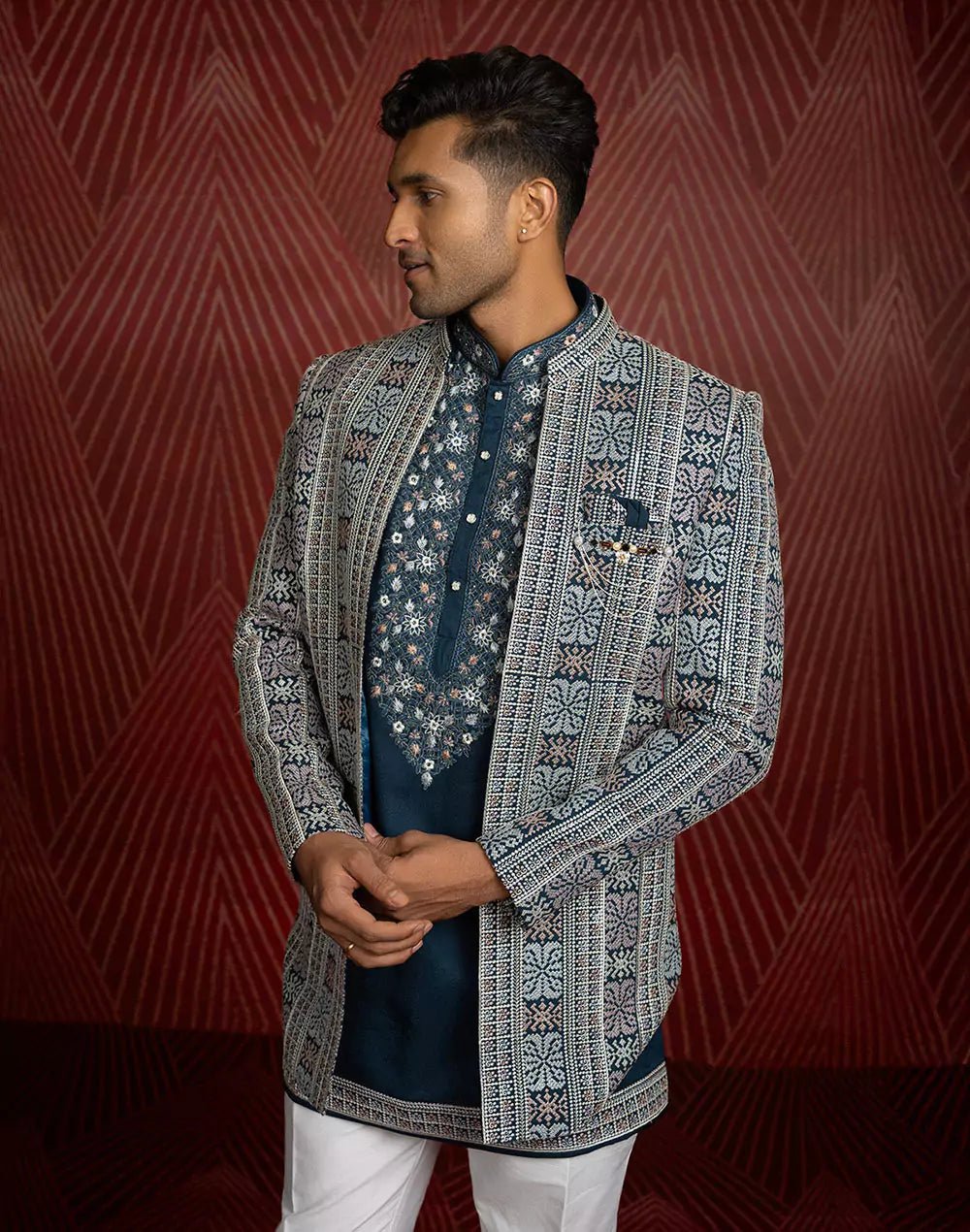Image of All Over Fully Embroidered Work Bottle Green Color Open Jacket Style - South India Shopping Mall