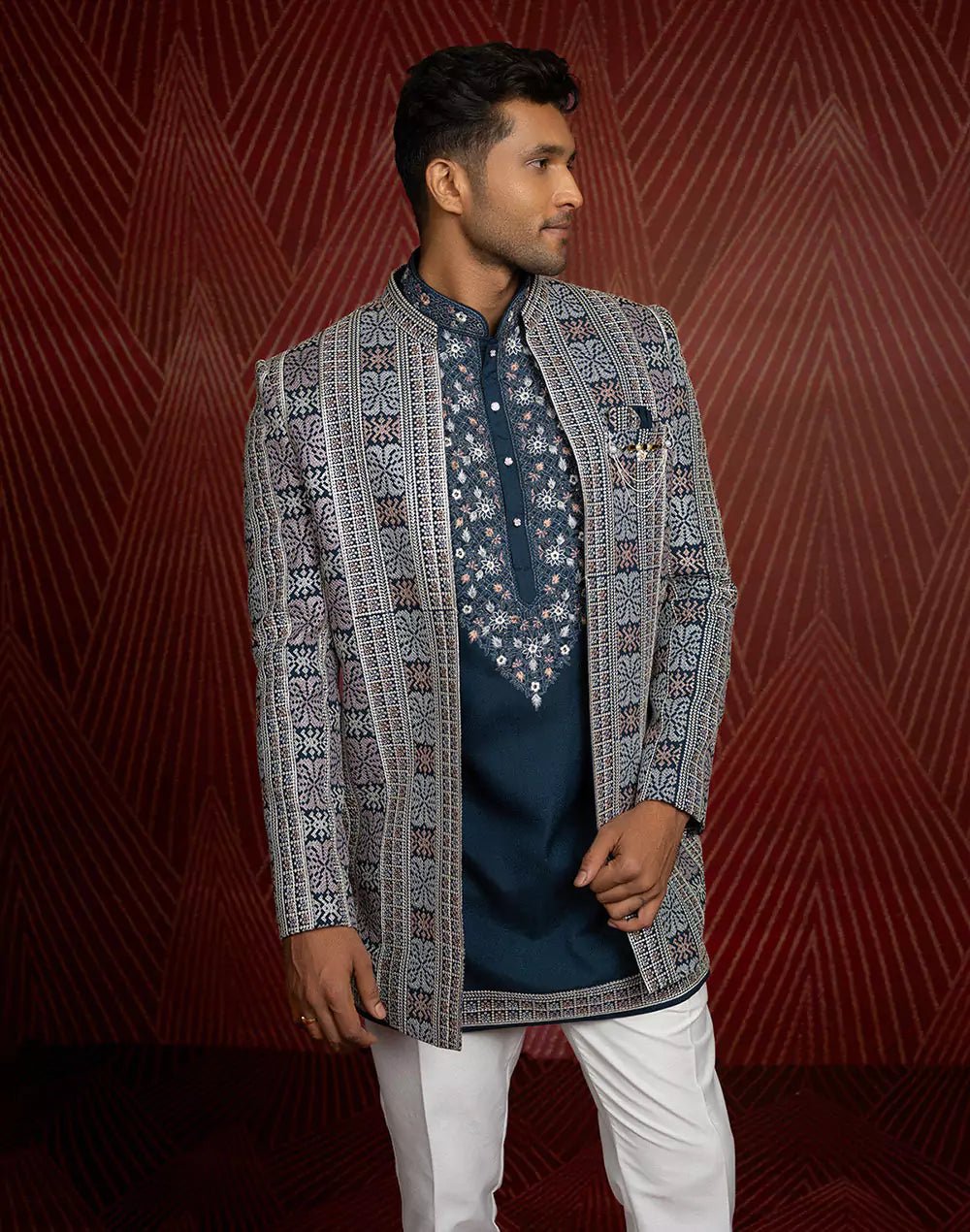 Image of All Over Fully Embroidered Work Bottle Green Color Open Jacket Style - South India Shopping Mall