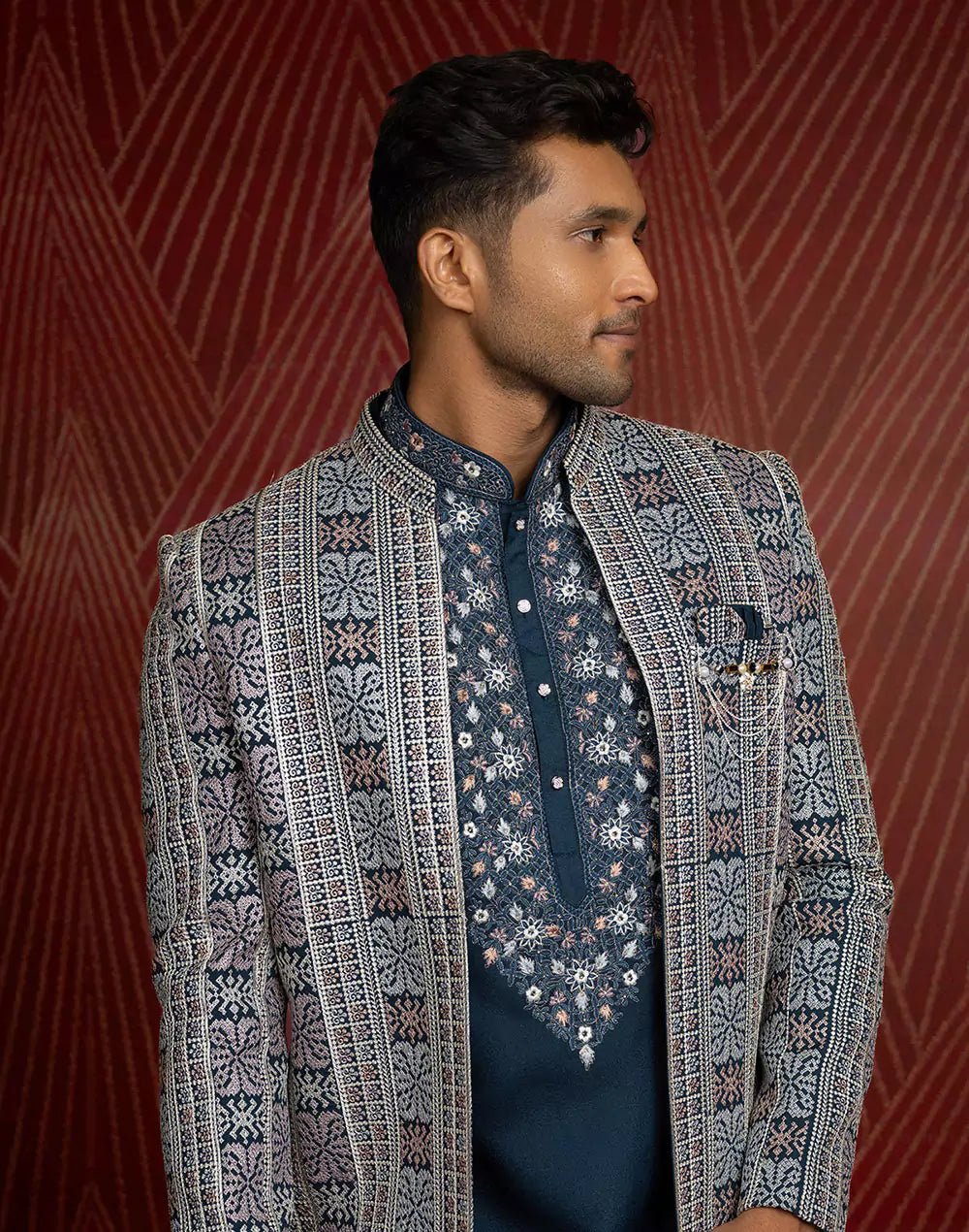 Image of All Over Fully Embroidered Work Bottle Green Color Open Jacket Style - South India Shopping Mall