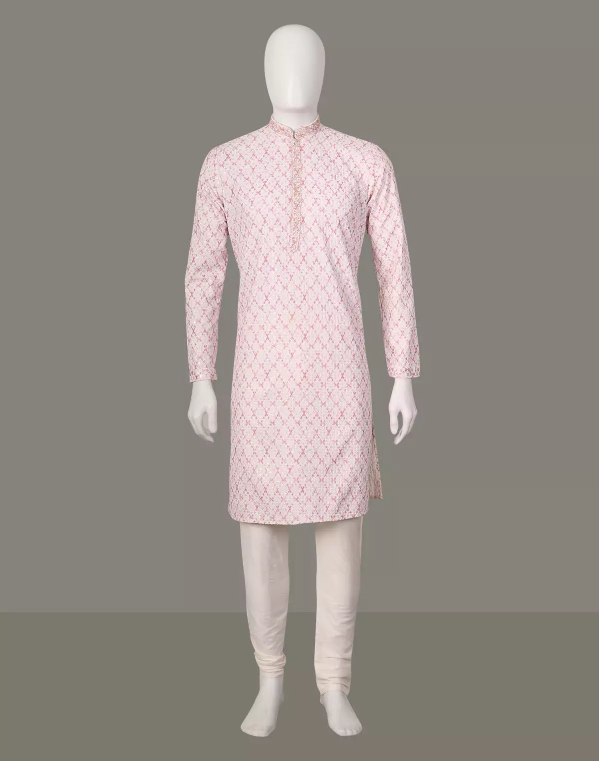 Image of All Over Geometric Thread work Milky Silk Pink Kurta Pyjama - South India Shopping Mall