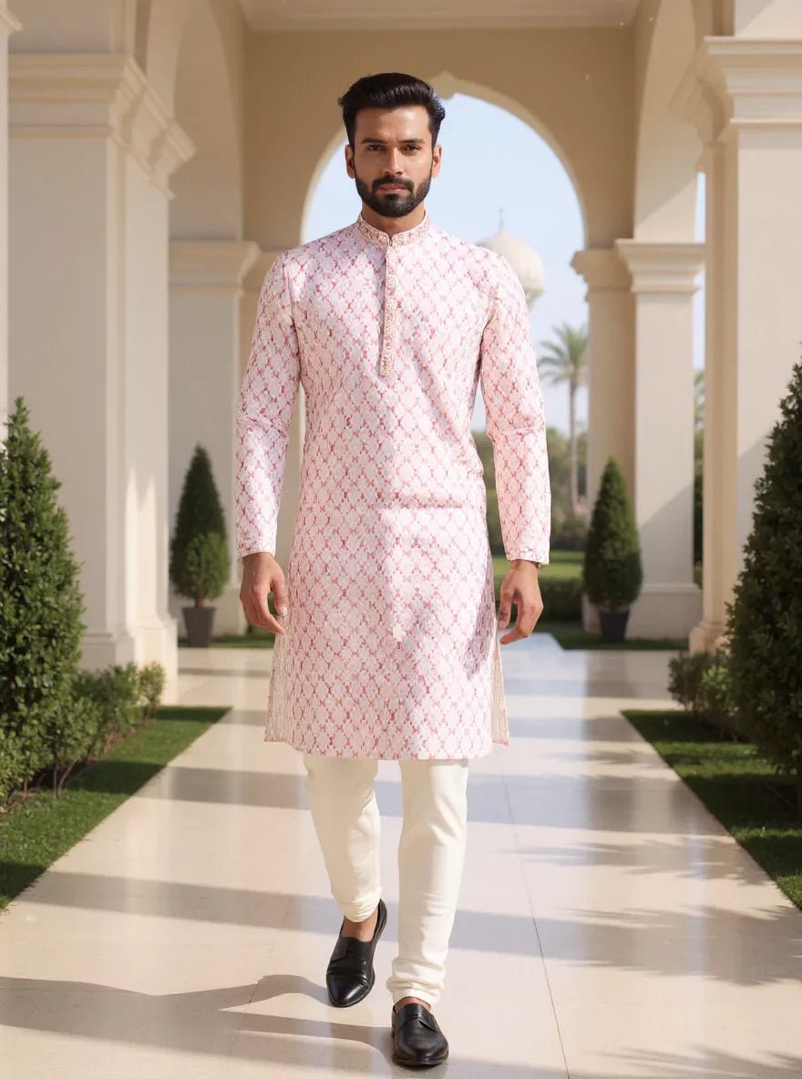 Image of All Over Geometric Thread work Milky Silk Pink Kurta Pyjama - South India Shopping Mall