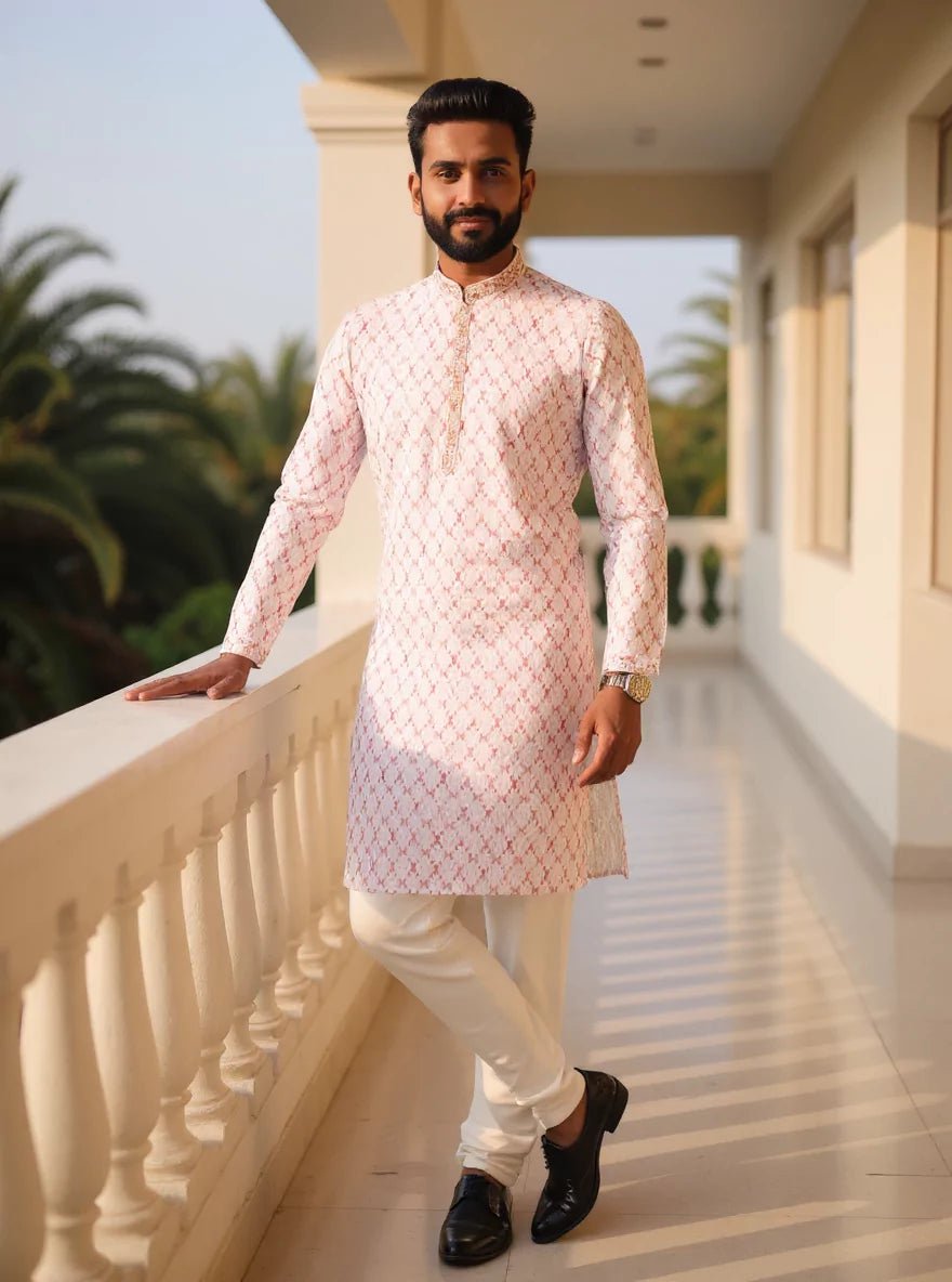 Image of All Over Geometric Thread work Milky Silk Pink Kurta Pyjama - South India Shopping Mall