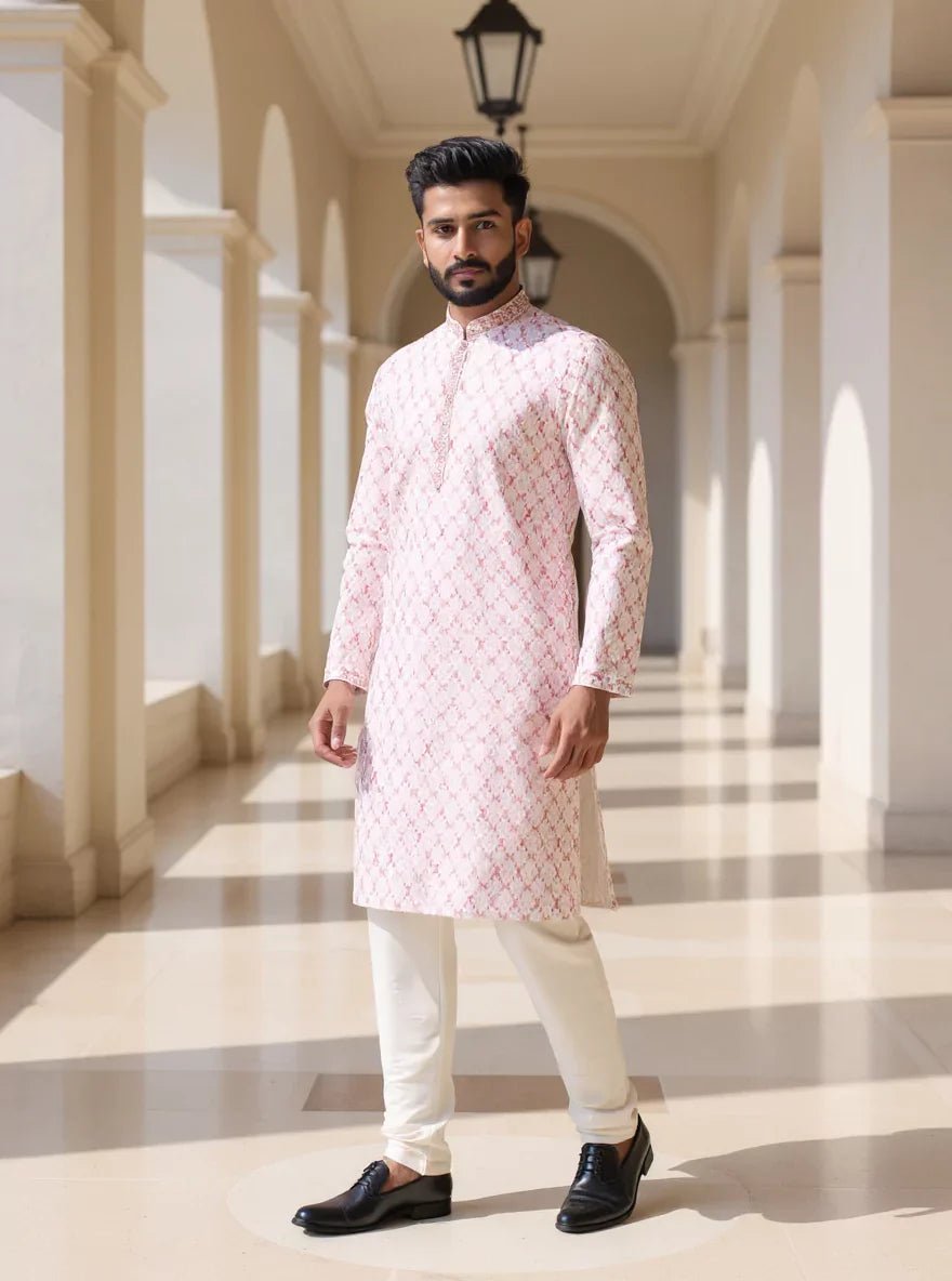 Image of All Over Geometric Thread work Milky Silk Pink Kurta Pyjama - South India Shopping Mall