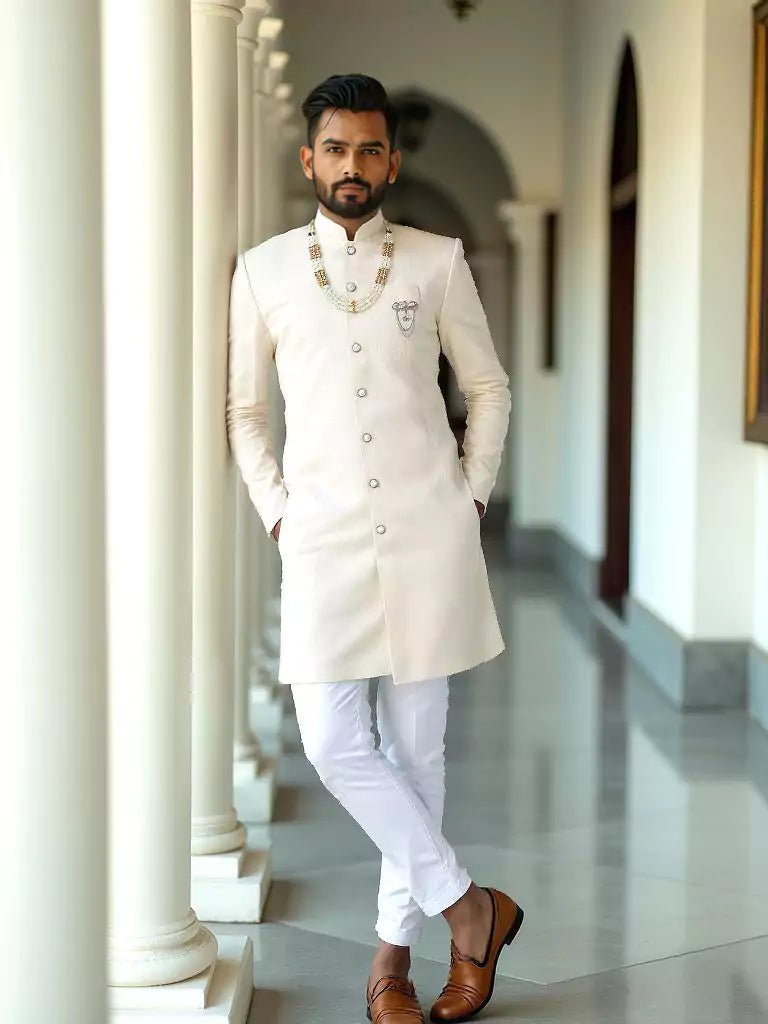 Image of All Over Heavy Self Jacquard Cream Semi - Indo Style - South India Shopping Mall