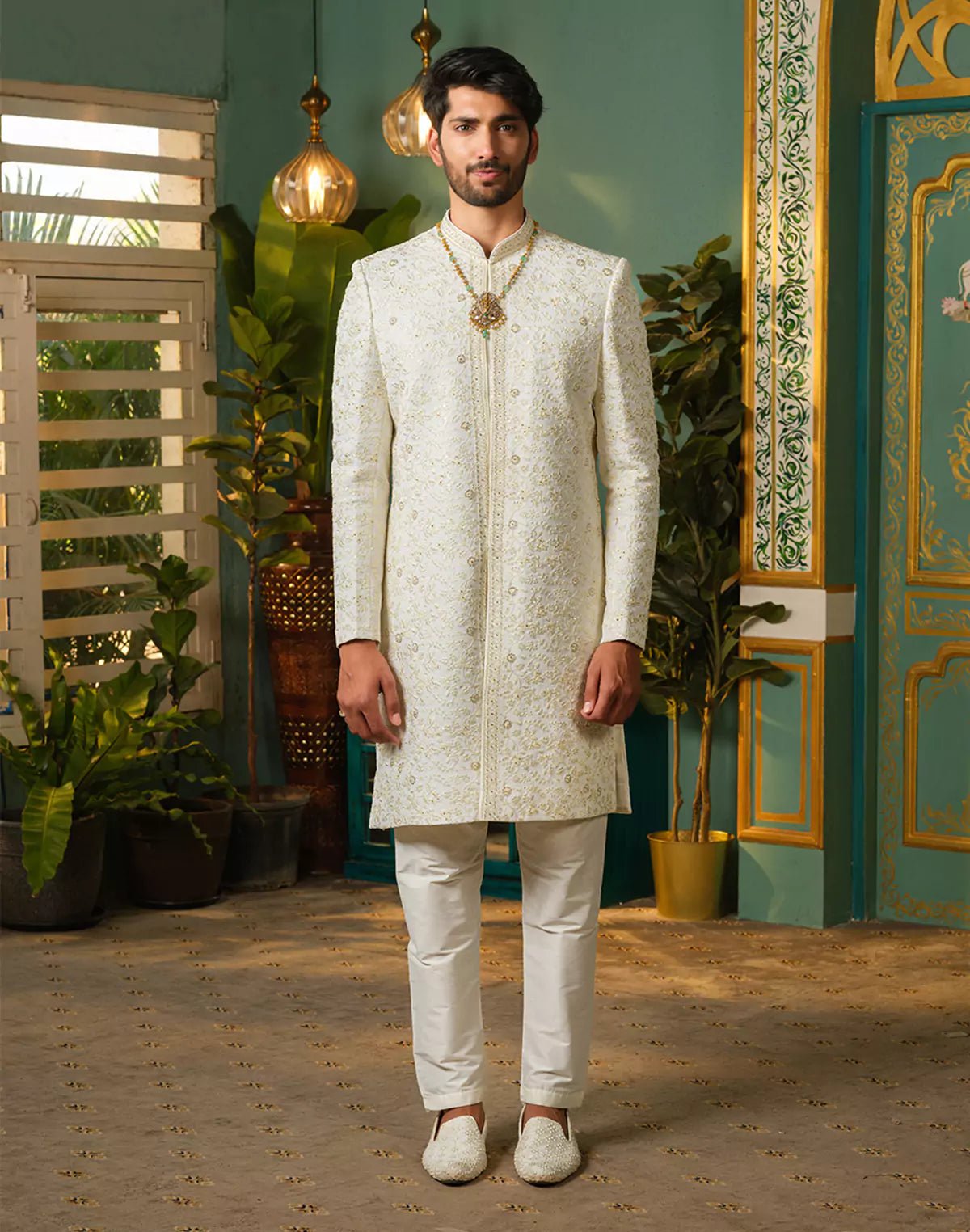 Image of All Over Heavy Self Jacquard Cream Semi - Indo Style - South India Shopping Mall