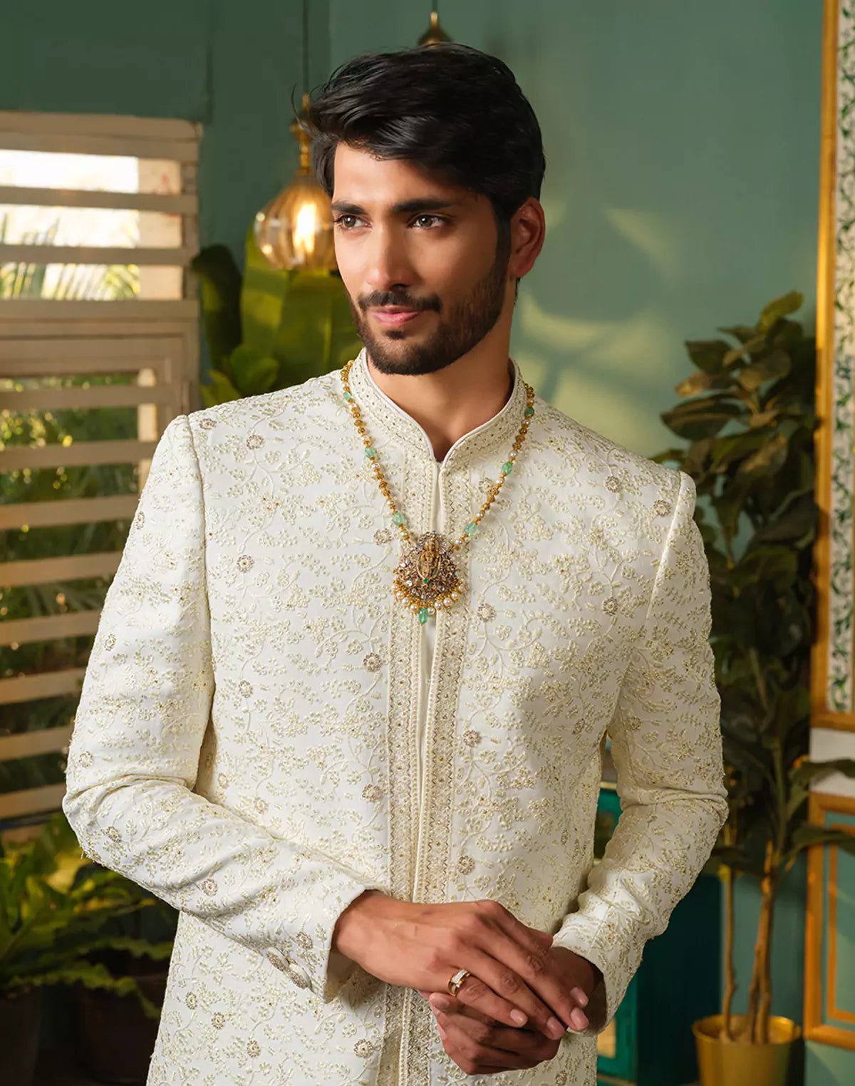 Image of All Over Heavy Self Jacquard Cream Semi - Indo Style - South India Shopping Mall