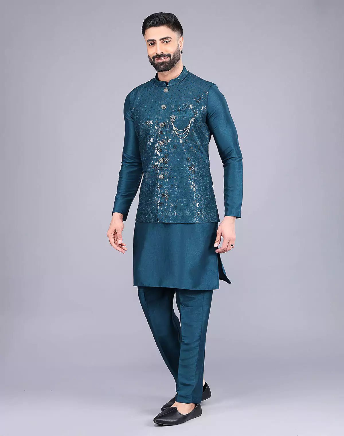 Image of All Over Heavy Sequence work Raw Silk Rama Coloured Kurta Jacket - South India Shopping Mall
