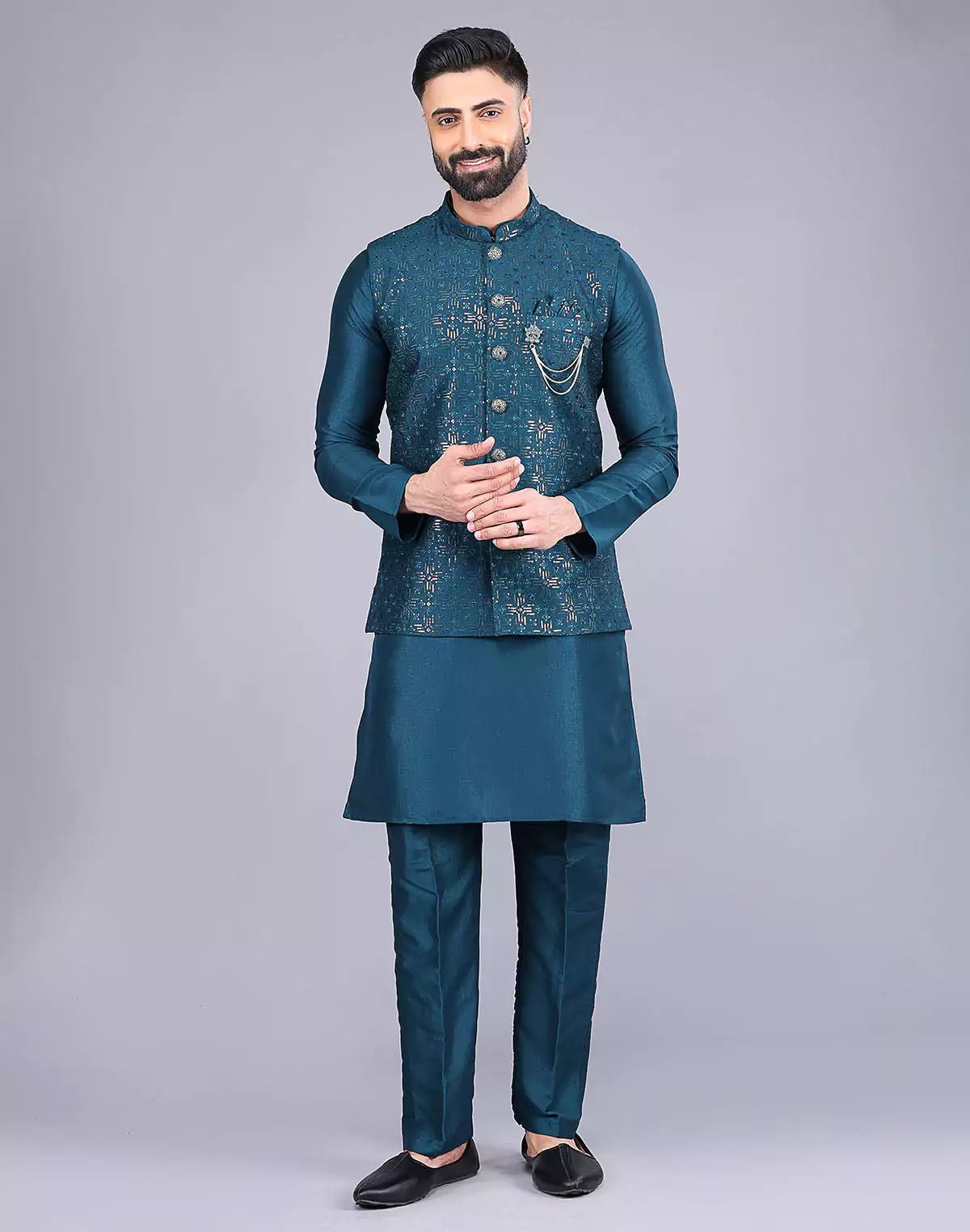 All Over Heavy Sequence work Raw Silk Rama Coloured Kurta Jacket - South India Shopping Mall