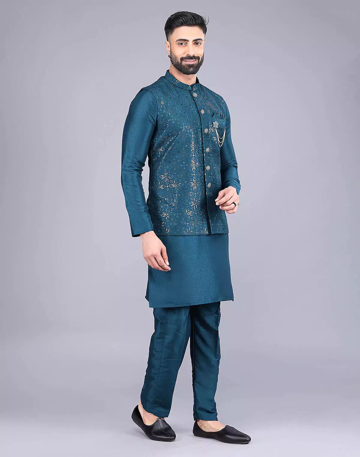 All Over Heavy Sequence work Raw Silk Rama Coloured Kurta Jacket - South India Shopping Mall