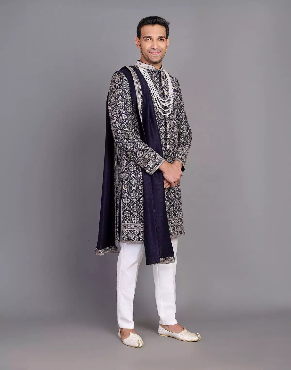 Image of All Over Premium Thread Embroidery Work Navy Blue Raw Silk Indo Western Set With Dupatta - South India Shopping Mall