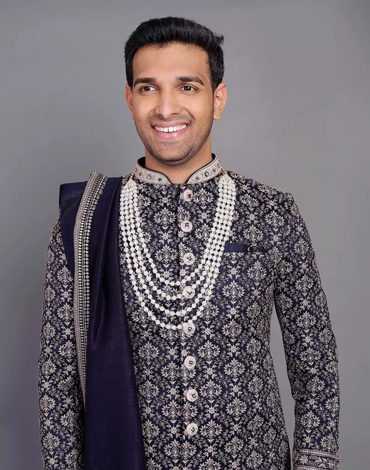 Image of All Over Premium Thread Embroidery Work Navy Blue Raw Silk Indo Western Set With Dupatta - South India Shopping Mall