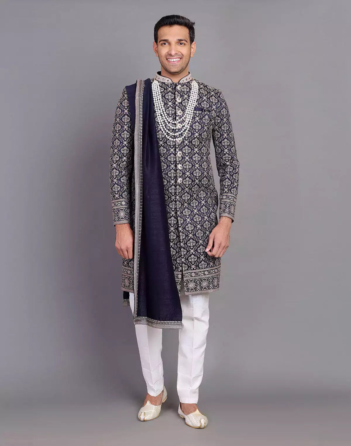 Image of All Over Premium Thread Embroidery Work Navy Blue Raw Silk Indo Western Set With Dupatta - South India Shopping Mall