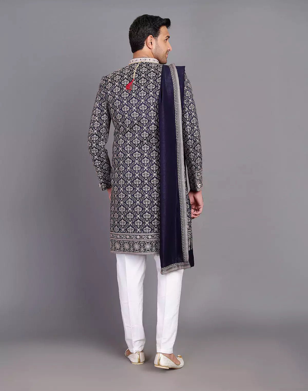 Image of All Over Premium Thread Embroidery Work Navy Blue Raw Silk Indo Western Set With Dupatta - South India Shopping Mall