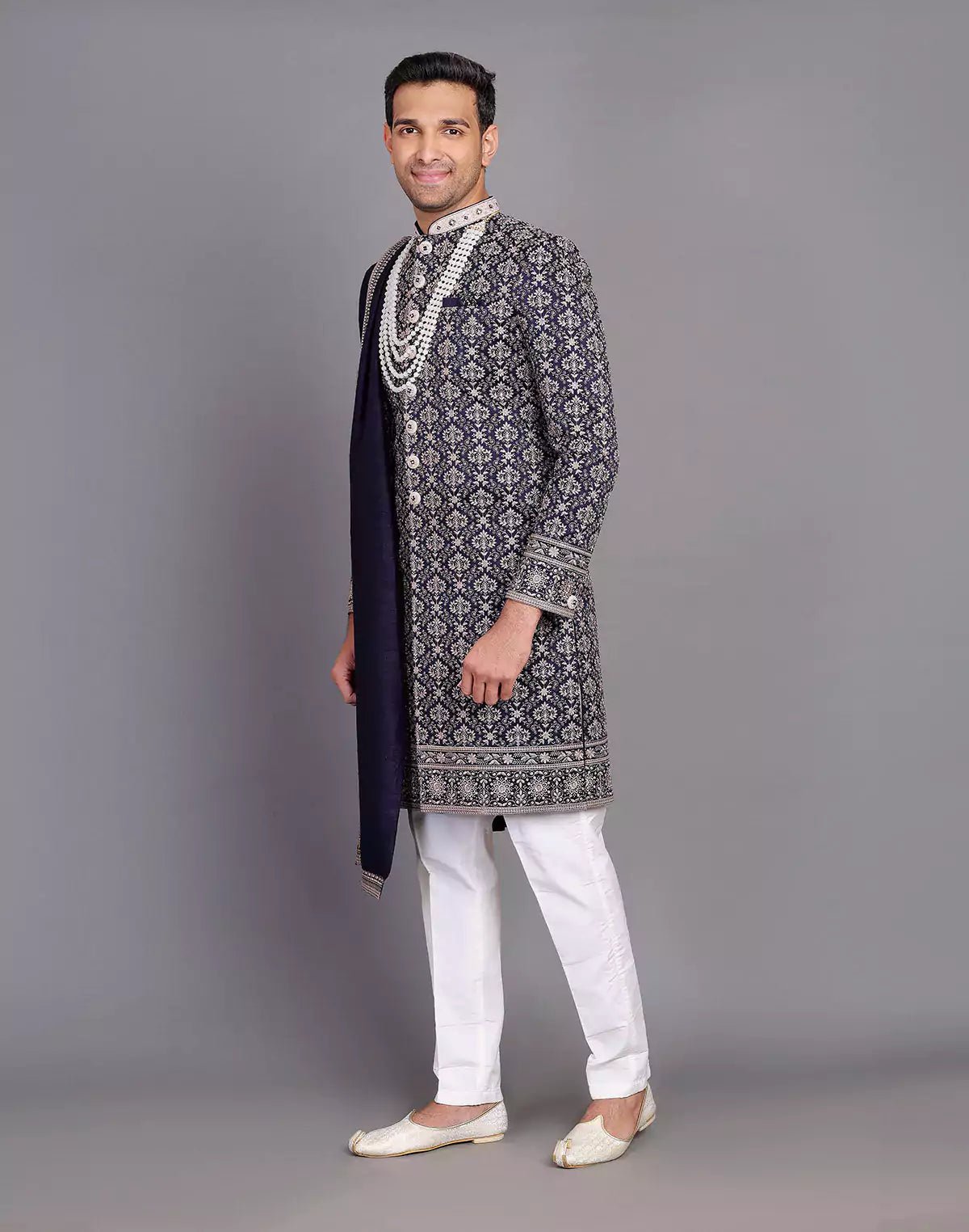 Image of All Over Premium Thread Embroidery Work Navy Blue Raw Silk Indo Western Set With Dupatta - South India Shopping Mall