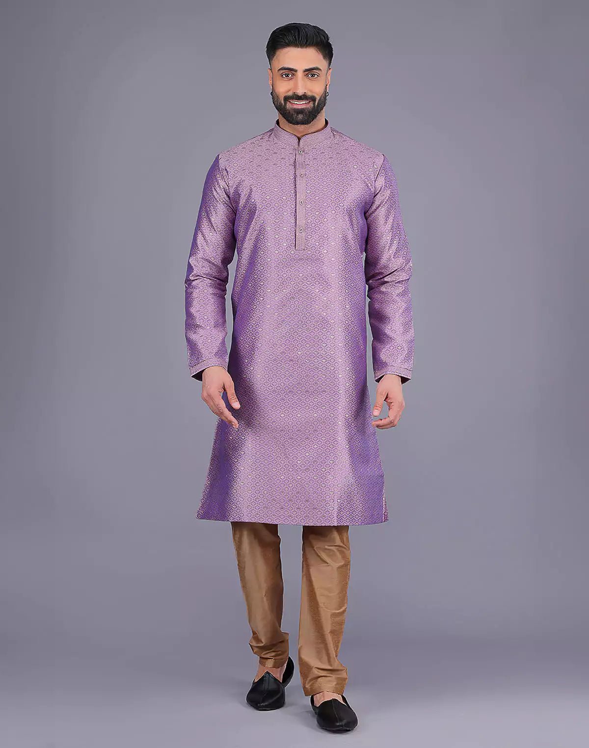 Image of All Over Self Bootis and Weaving Lavender Soft Silk Kurta Set - South India Shopping Mall
