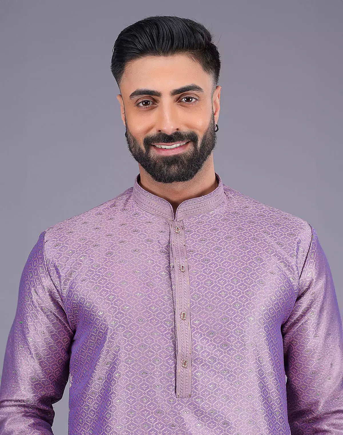 Image of All Over Self Bootis and Weaving Lavender Soft Silk Kurta Set - South India Shopping Mall