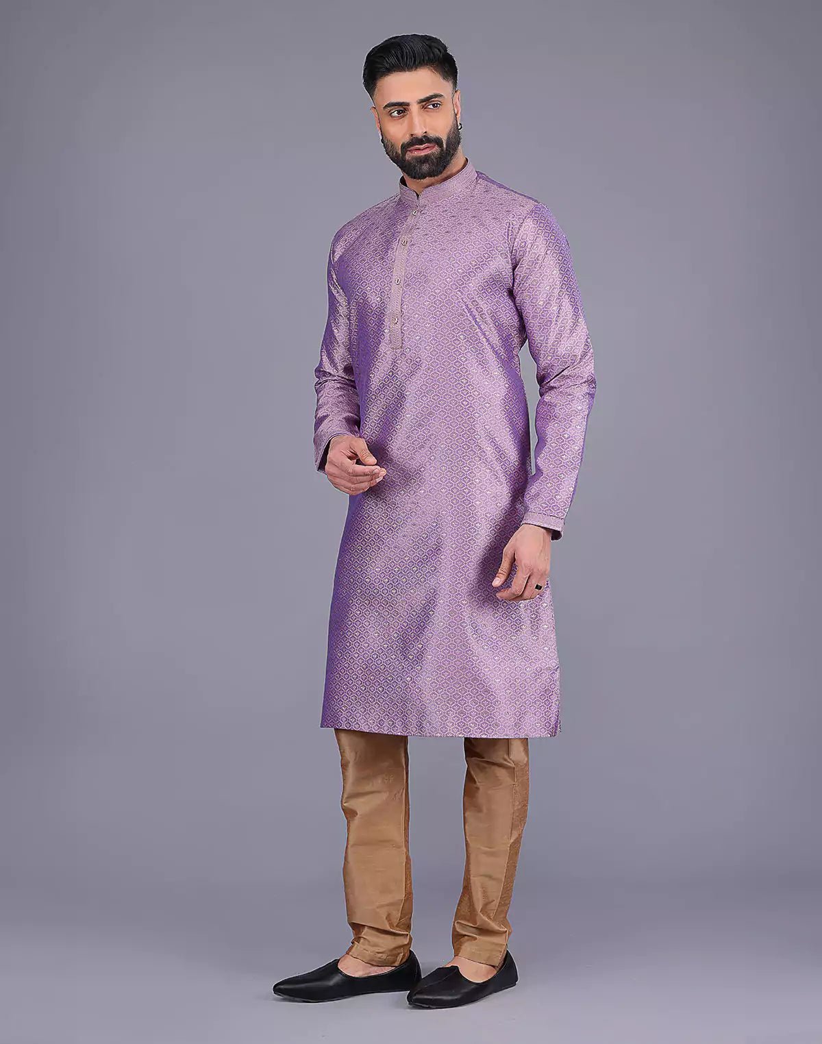 Image of All Over Self Bootis and Weaving Lavender Soft Silk Kurta Set - South India Shopping Mall