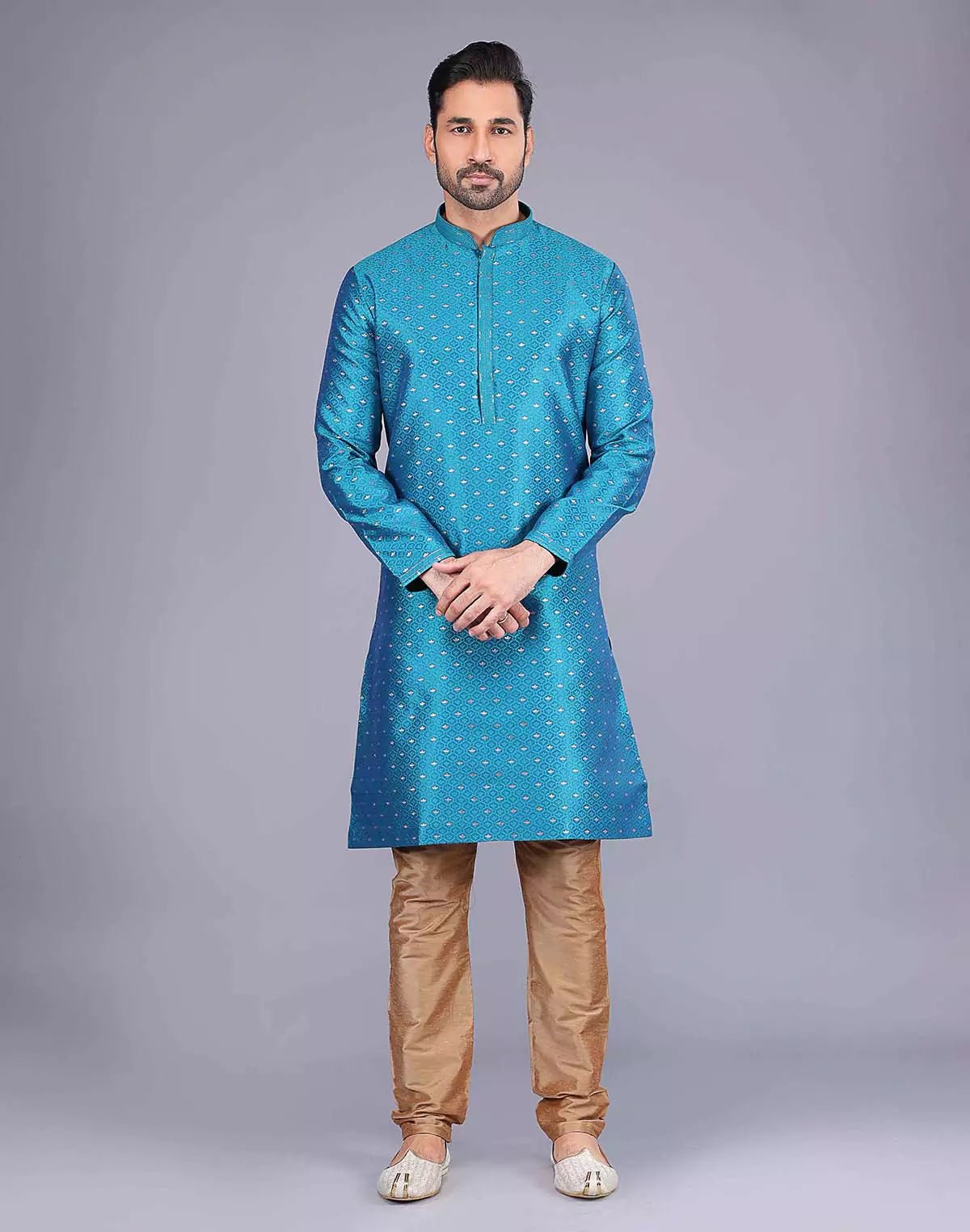 Image of All Over Self Bootis and Weaving Teal Blue Soft Silk Kurta Set - South India Shopping Mall
