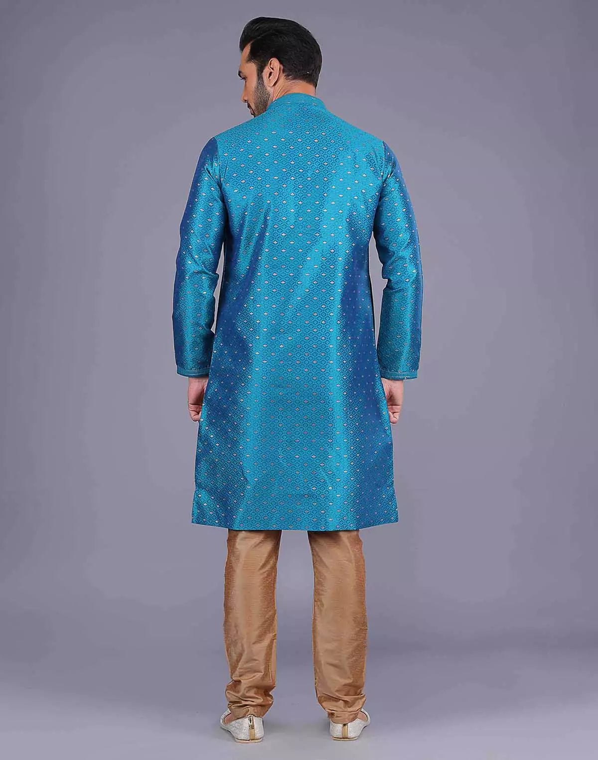 Image of All Over Self Bootis and Weaving Teal Blue Soft Silk Kurta Set - South India Shopping Mall
