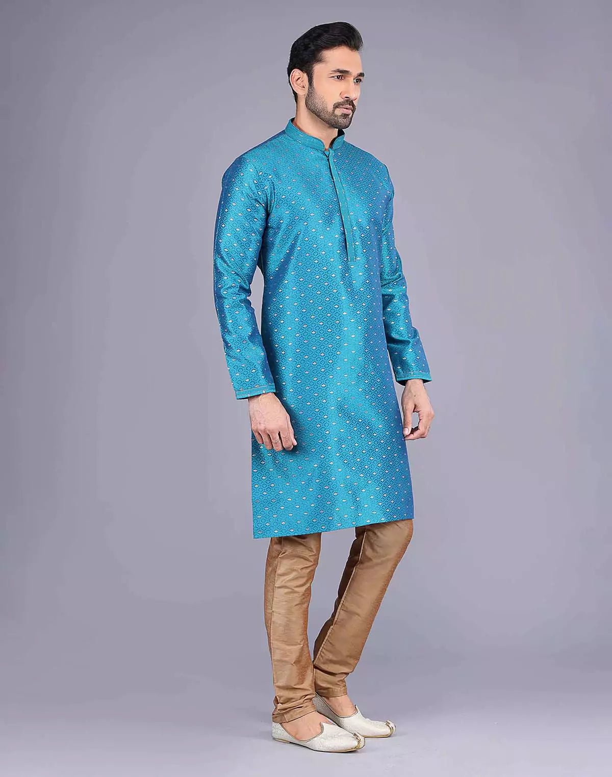Image of All Over Self Bootis and Weaving Teal Blue Soft Silk Kurta Set - South India Shopping Mall