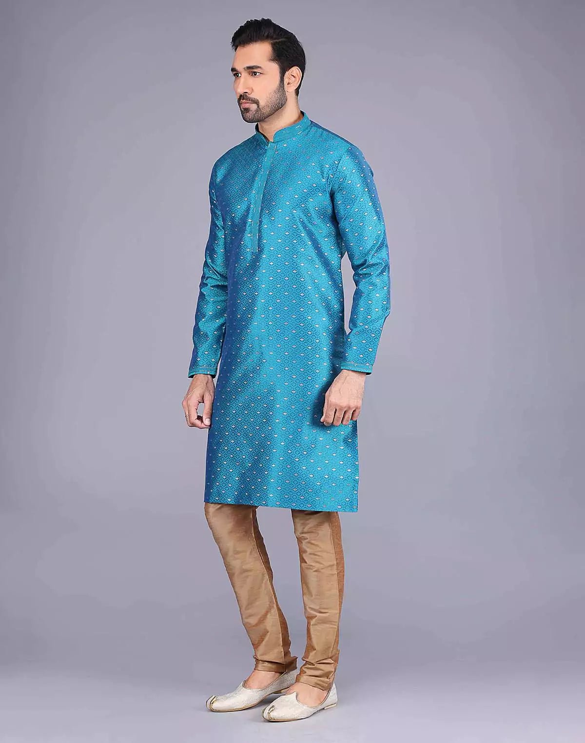 Image of All Over Self Bootis and Weaving Teal Blue Soft Silk Kurta Set - South India Shopping Mall