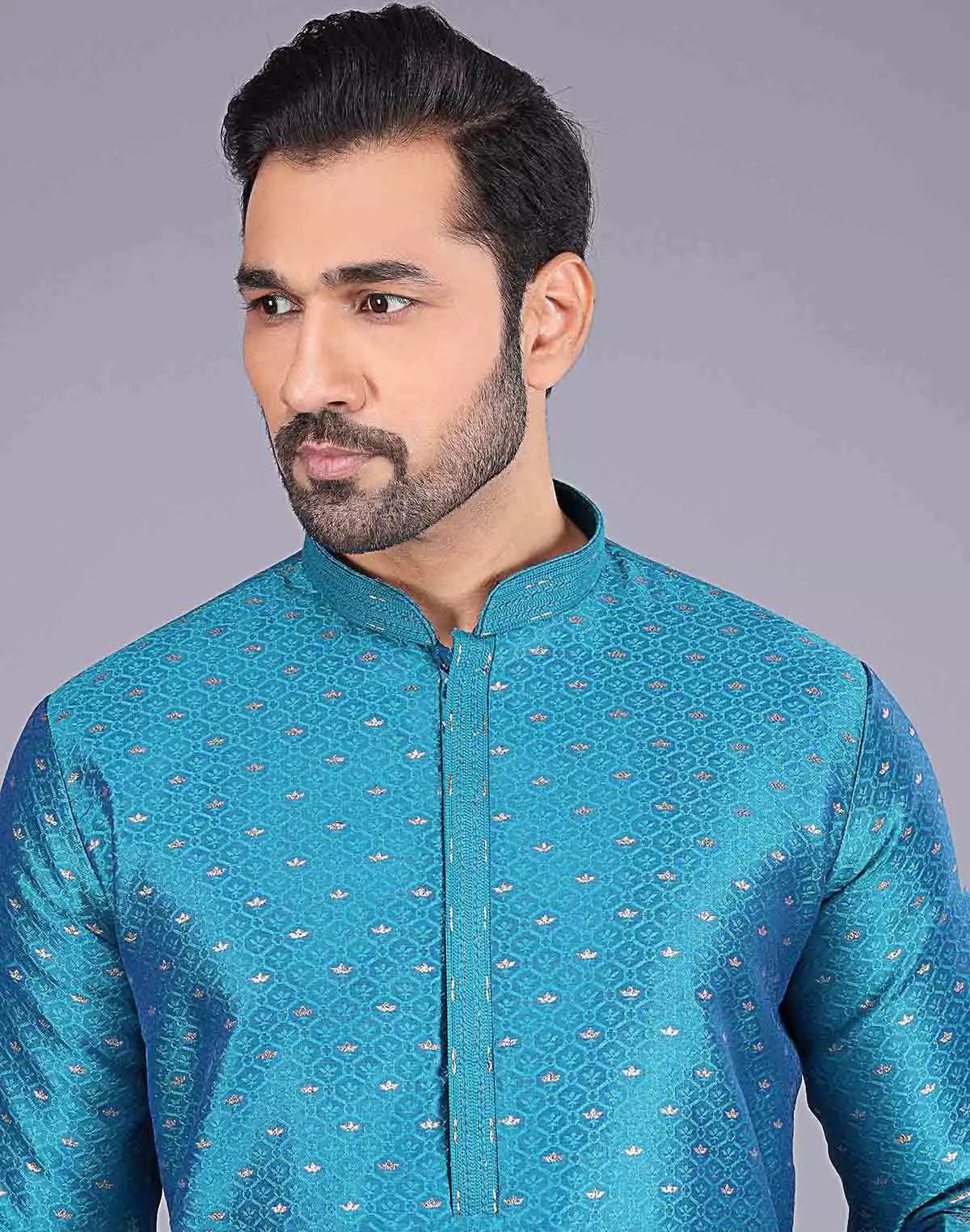 Image of All Over Self Bootis and Weaving Teal Blue Soft Silk Kurta Set - South India Shopping Mall